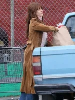 Daisy Edgar Jones Here Comes The Flood Brown Suede Coat - Image 2