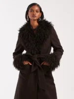 & Other Stories Wool Belted Midaxi Coat In Brown With Faux Fur Trim
