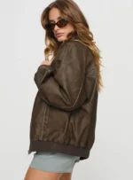 Princess Polly Goldsmith Faux Leather Bomber Jacket Washed Dark Brown - Image 3