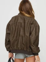Princess Polly Goldsmith Faux Leather Bomber Jacket Washed Dark Brown - Image 4