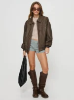 Princess Polly Goldsmith Faux Leather Bomber Jacket Washed Dark Brown - Image 5