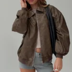 Product Specifications: Material: Faux Leather Inner: Viscose lining Pockets: Two Outside And Two Inside Sleeves: Full-Length Collar: Shirt-Style Collar Cuffs: Ribbed Closure: Zipper Color: Washed Dark Brown