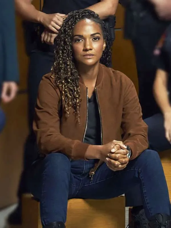 The-Rookie-S08-Mekia-Cox-Brown-Bomber-Leather-Jacket Mekia Cox The Rookie Brown Suede Bomber Jacket