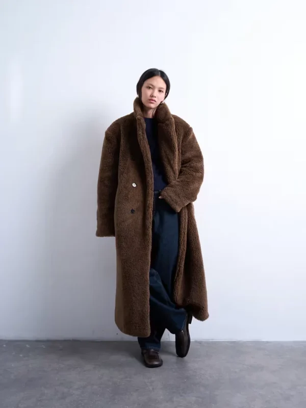 Topshop Double Breasted Teddy Longline Coat In Brown