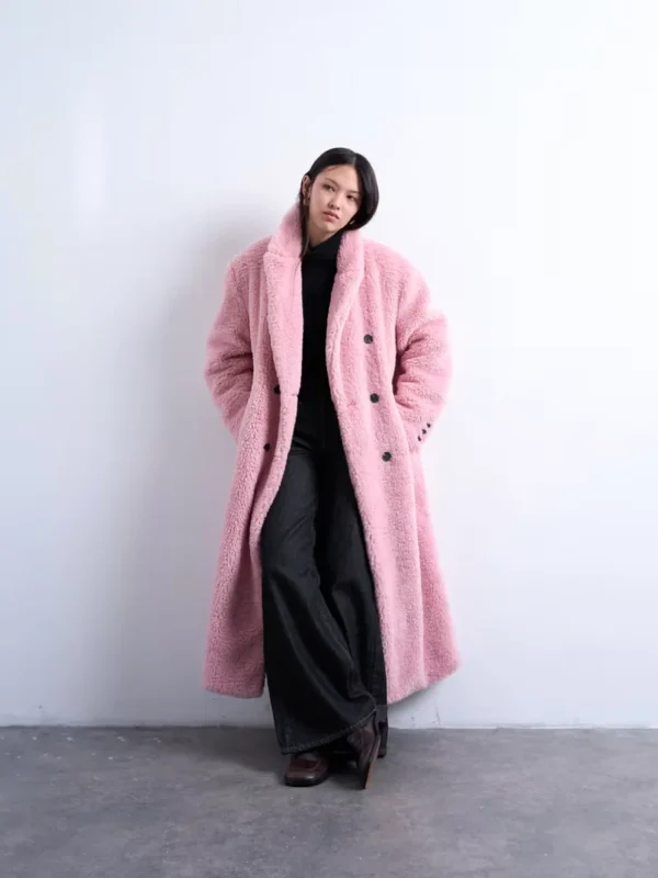 Topshop Double Breasted Teddy Longline Coat In Pink