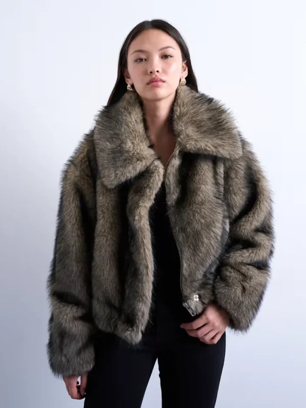 Topshop Faux Fur Striped Zip Up Bomber Jacket