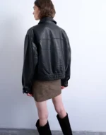 Topshop Oversized Faux Leather Bubble Boxy Zip Up Bomber Jacket In Black - Image 3
