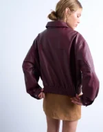 Topshop Faux Leather Bubble Boxy Zip Through Bomber Jacket In Burgundy - Image 2