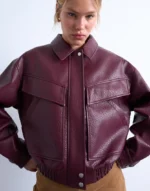 Topshop Faux Leather Bubble Boxy Zip Through Bomber Jacket In Burgundy