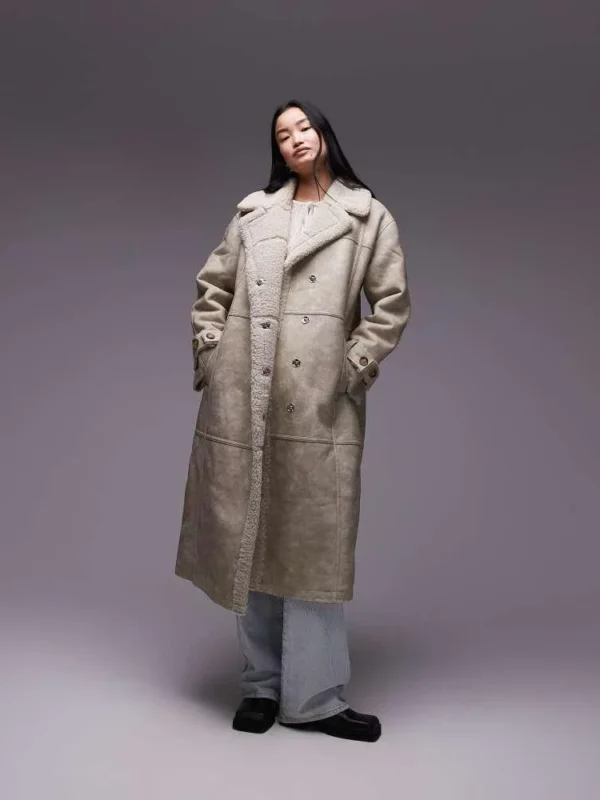 Topshop Faux Leather Shearling Longline Aviator Jacket In Cream