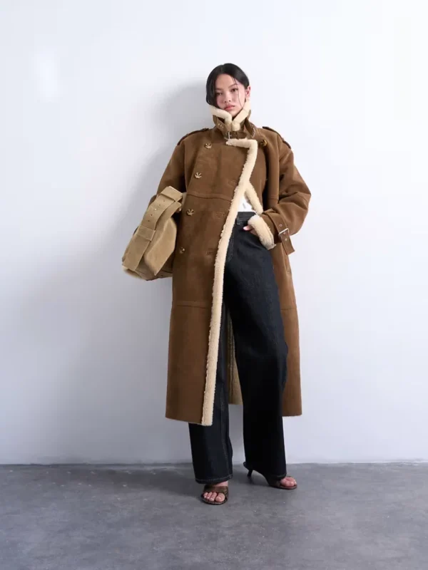 Topshop Longline Aviator Faux Shearling Coat In Tan And Cream