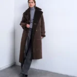 Topshop Longline Aviator Faux Shearling Jacket In Chocolate