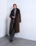 Topshop Longline Aviator Faux Shearling Jacket In Chocolate