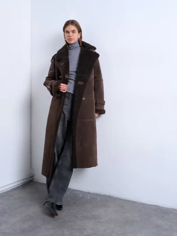 Topshop Longline Aviator Faux Shearling Jacket In Chocolate