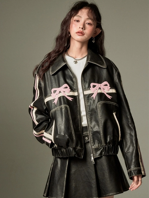 Women-Pink-Bow-Leather-Oversized-Jacket