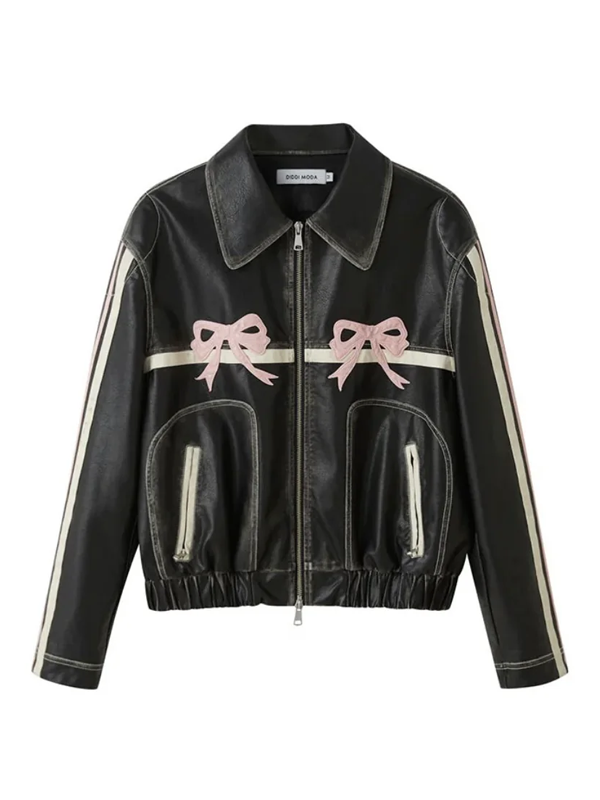 Womens-Pink-Bow-Leather-Oversized-Jacket